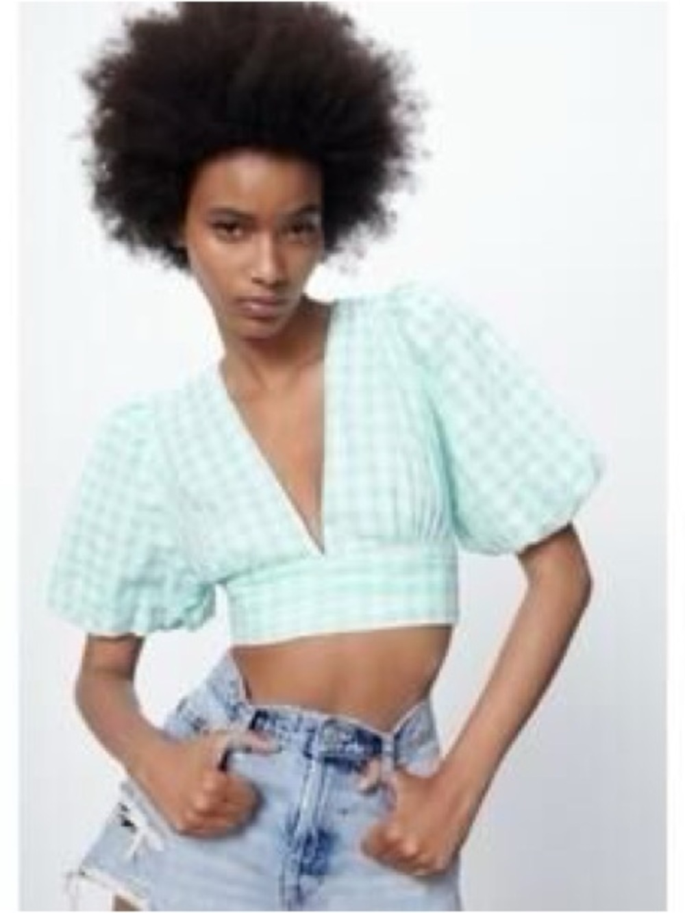 Zara Crop Top Textured Gingham Powder Blue